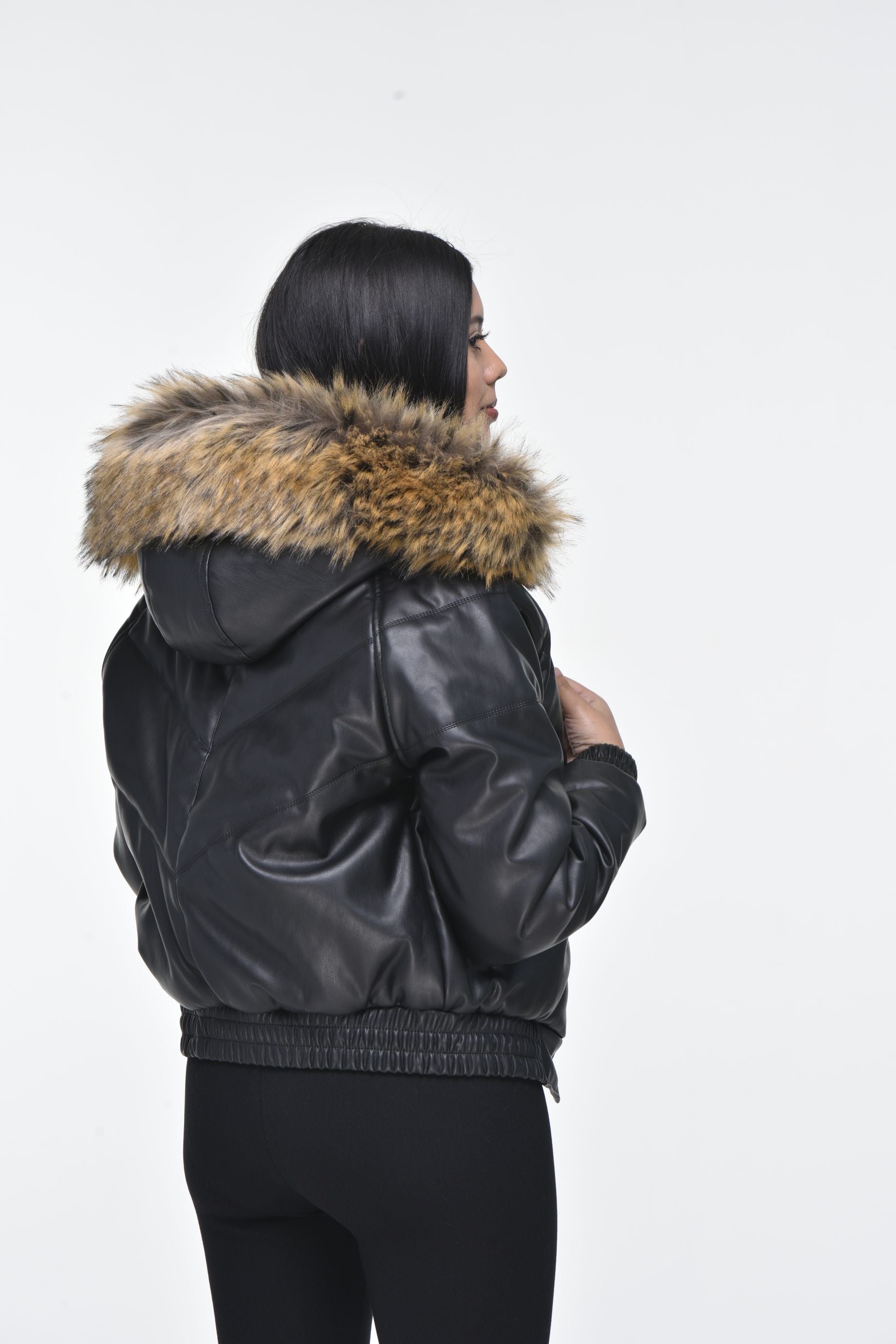 Women's Slim Fit Leather Bomber Jacket with Removable Fur Hood
