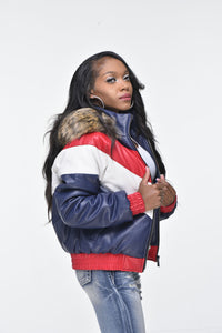 Ladies Faux Leather V Bomber Jacket with Detachable Faux Fur Hood - Red, White, Blue