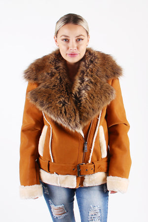 Ladies Faux Shearling with Faux Fur Collar -  Cognac with Natural
