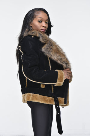Ladies Faux Shearling with Faux Fur Collar - Black with Natural