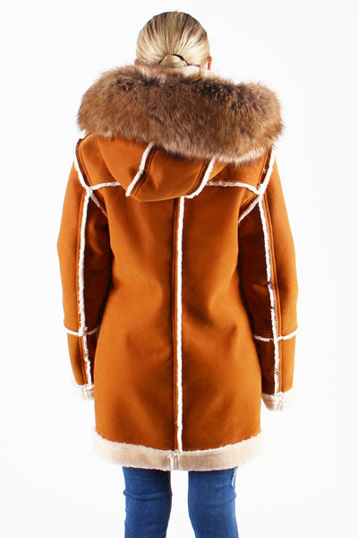 Ladies ¾ Toggle Faux Shearling with Detachable Hood - Cognac with Natural