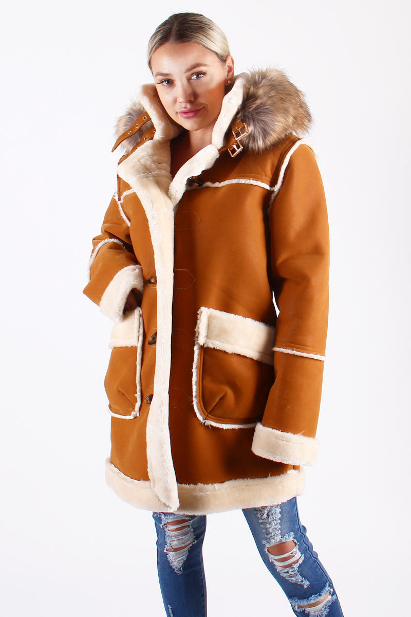 Ladies ¾ Toggle Faux Shearling with Detachable Hood - Cognac with Natural