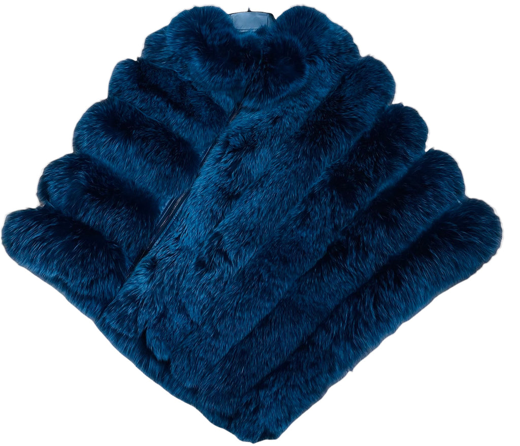 Ladies Fox Fur Poncho - Blue