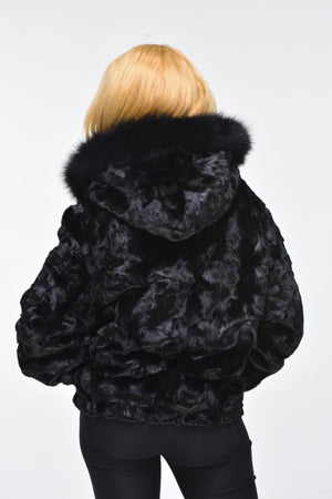 Ladies Mink Fur Bomber Jacket with Hood – Black