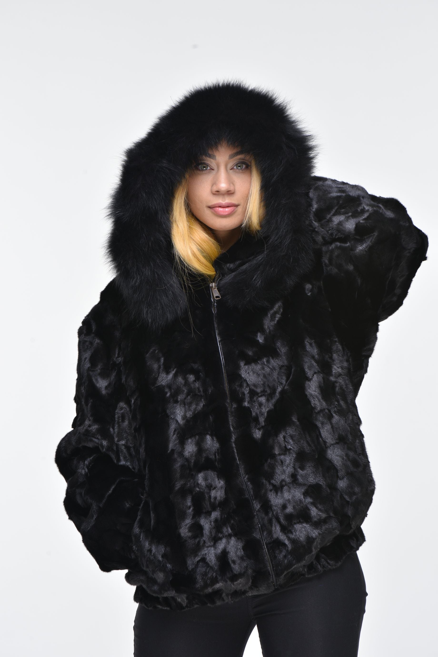Black Rabbit Fur Bomber Jacket with Hood - Small at  Women's