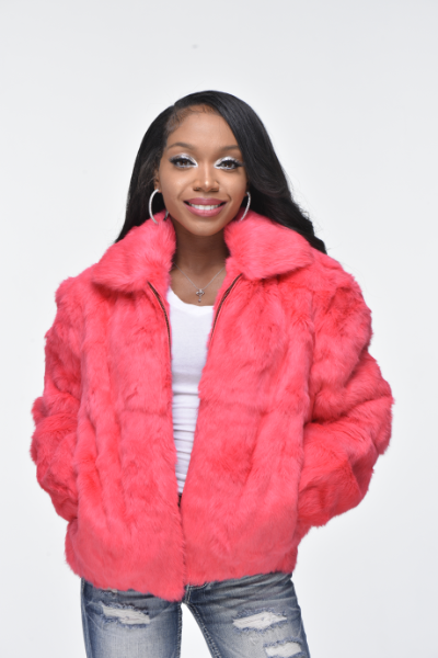 Pink faux 2025 fur hooded bomber