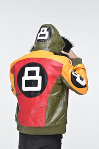 Men’s Eight Ball Faux Leather Bomber Jacket with Detachable Hood – Multi Color