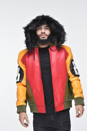 Men’s Eight Ball Faux Leather Bomber Jacket with Detachable Hood – Multi Color