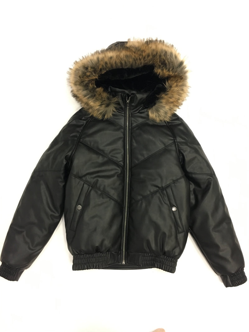 Kids Faux Leather V Bomber Jacket with Detachable Faux Fur Hood - Black