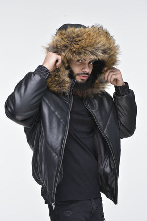 Men’s Faux Leather V Bomber Jacket with Detachable Faux Fur Hood - Black