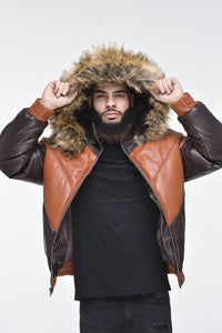 Men’s Faux Leather V Bomber Jacket with Detachable Faux Fur Hood - Cognac