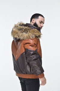 Men’s Faux Leather V Bomber Jacket with Detachable Faux Fur Hood - Cognac
