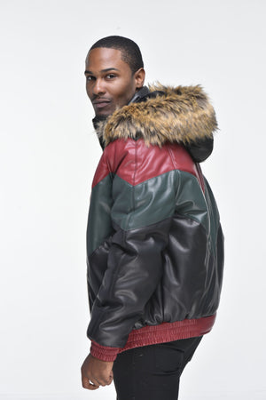 Men’s Faux Leather V Bomber Jacket with Detachable Faux Fur Hood - Red, Green, Black