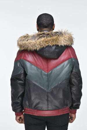 Men’s Faux Leather V Bomber Jacket with Detachable Faux Fur Hood - Red, Green, Black