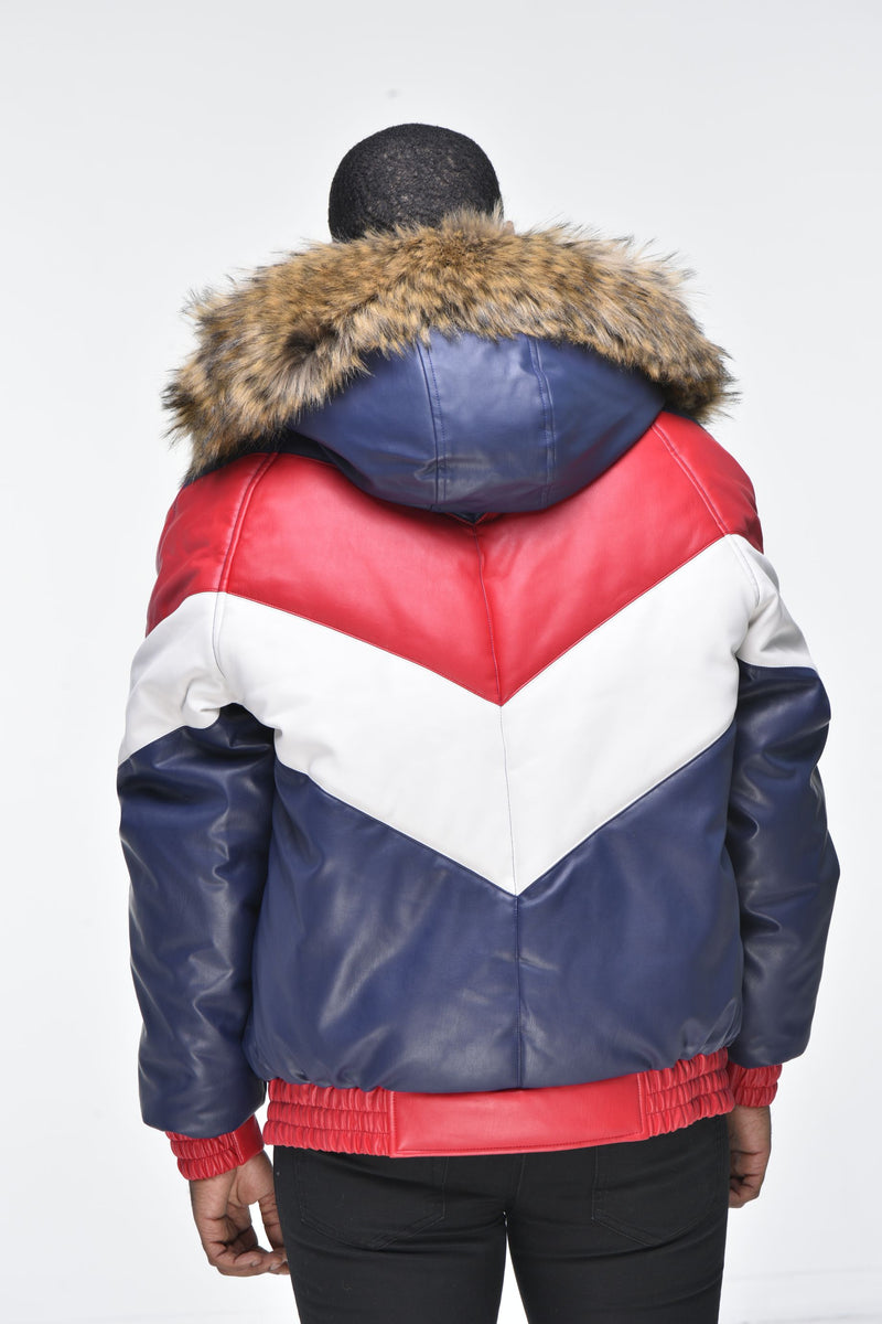 Men's Faux Leather V Bomber Jacket with Detachable Faux Fur Hood