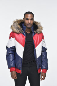 Men’s Faux Leather V Bomber Jacket with Detachable Faux Fur Hood - Red, White, Blue