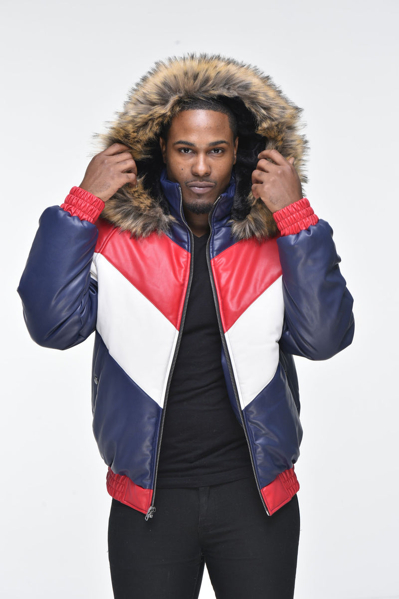 Men's Faux Leather V Bomber Jacket with Detachable Faux Fur Hood - Red – DS  Online