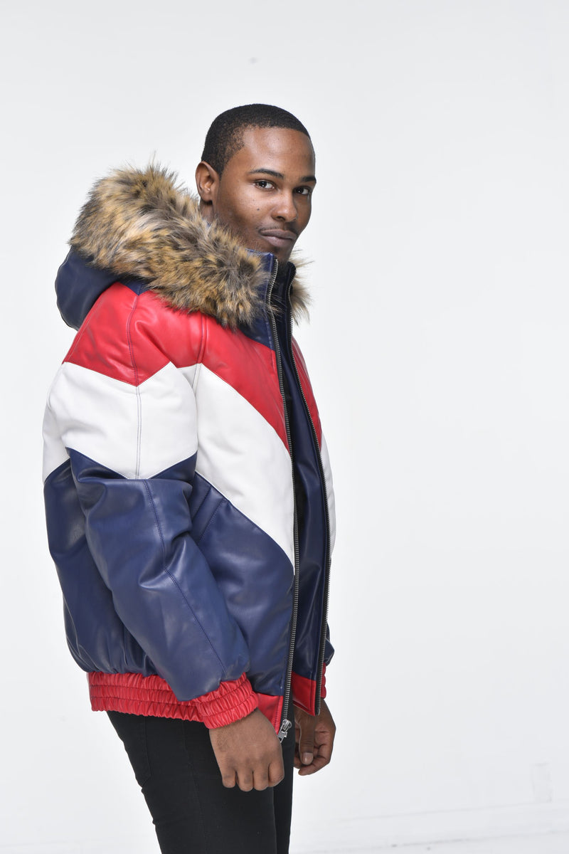 Men’s Faux Leather V Bomber Jacket with Detachable Faux Fur Hood - Red, White, Blue