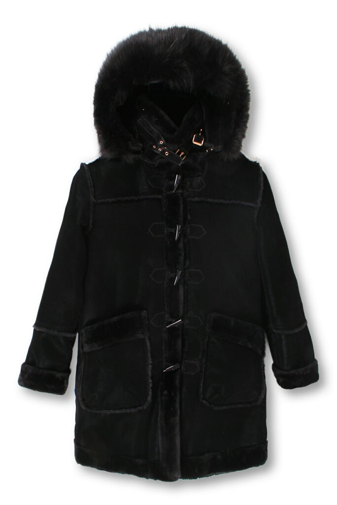 Kids ¾ Toggle Faux Shearling with Detachable Hood - Black