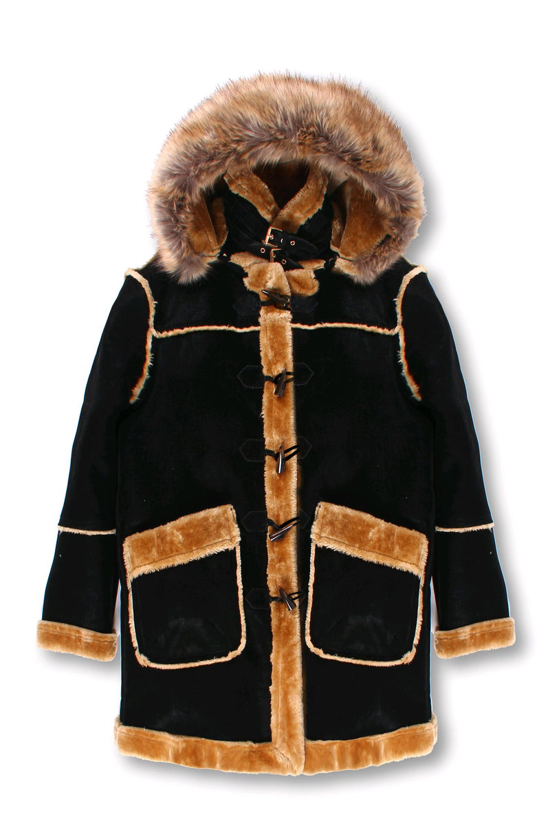 Kids ¾ Toggle Faux Shearling with Detachable Hood - Black with Natural