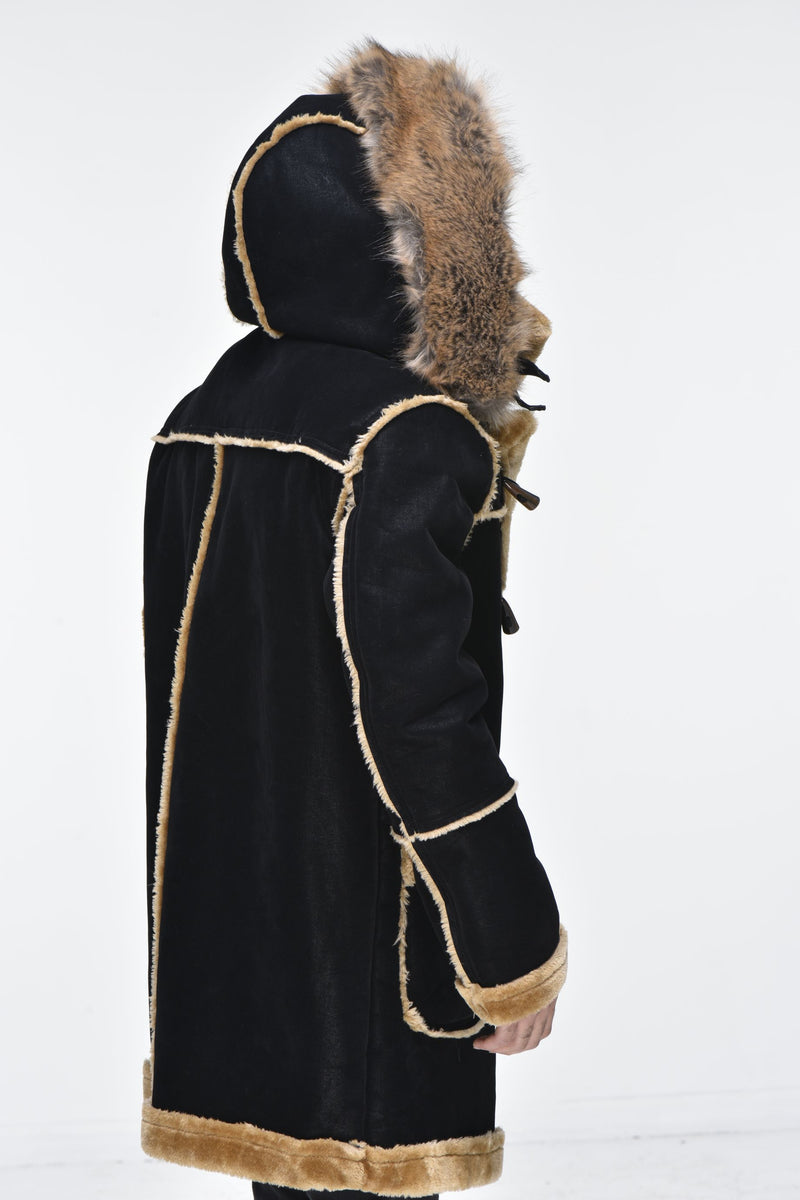 Men’s ¾ Toggle Faux Shearling with Detachable Hood - Black with Natural