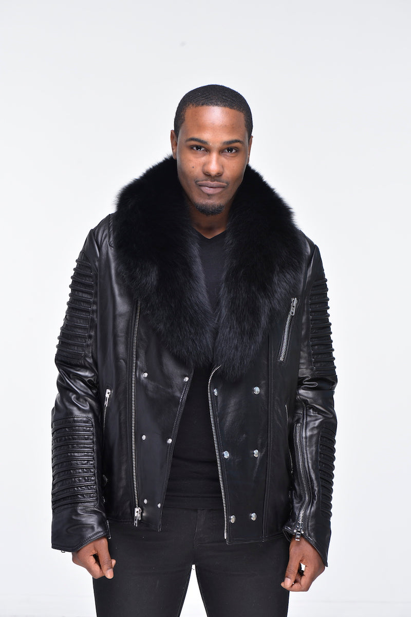Mason and Cooper Men's Asymmetrical Lambskin Biker Jacket with Black Fox Fur