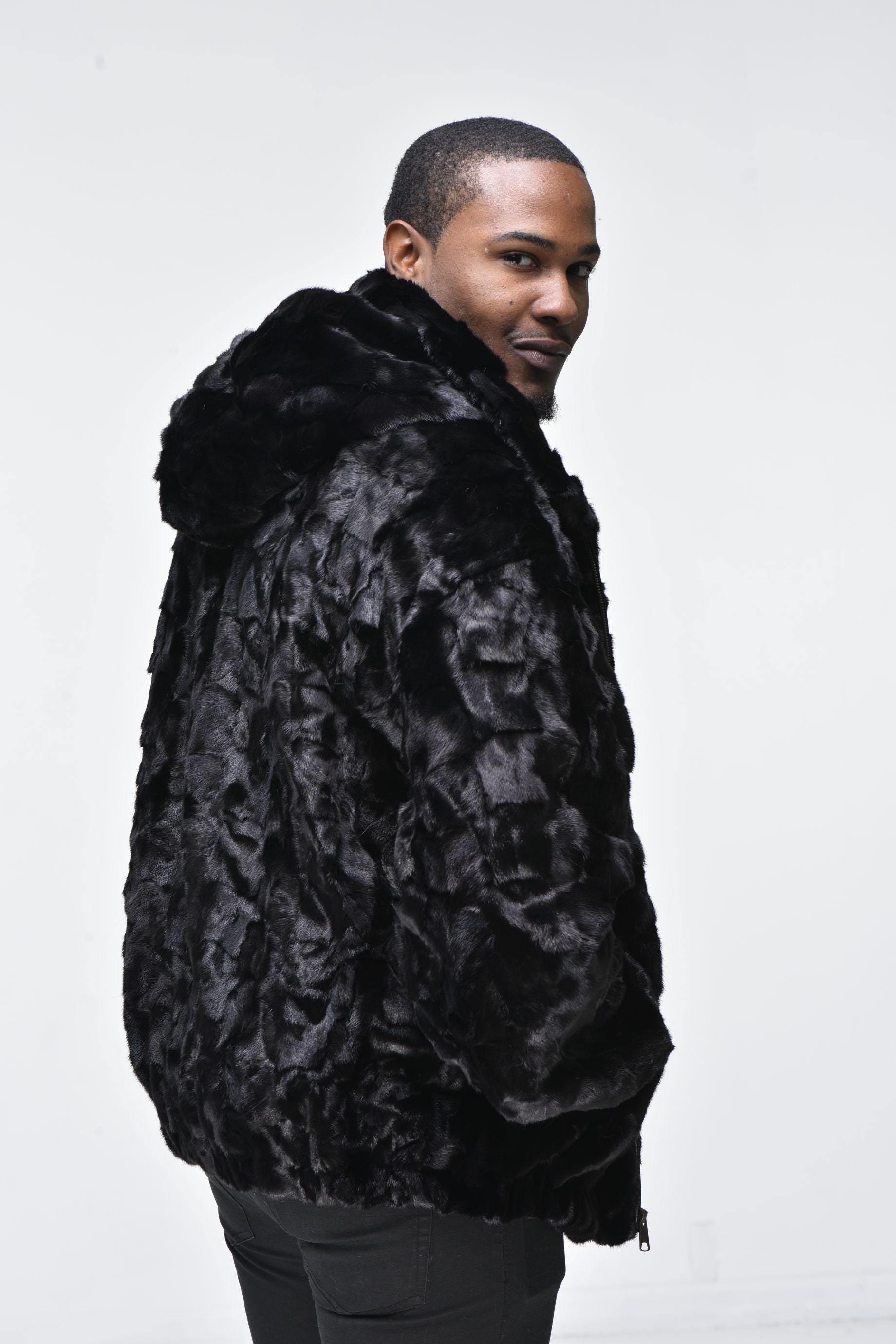 Men’s Mink Fur Bomber Jacket with Hood – Black – DS Online