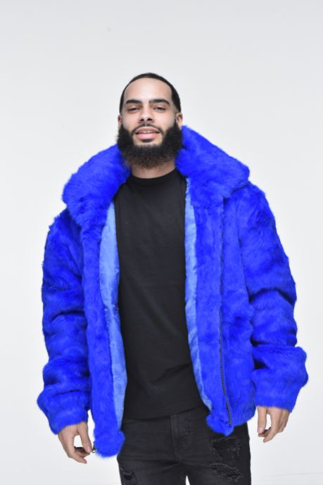 Lucas Royal Blue Rabbit Fur Hooded Bomber Jacket for Men