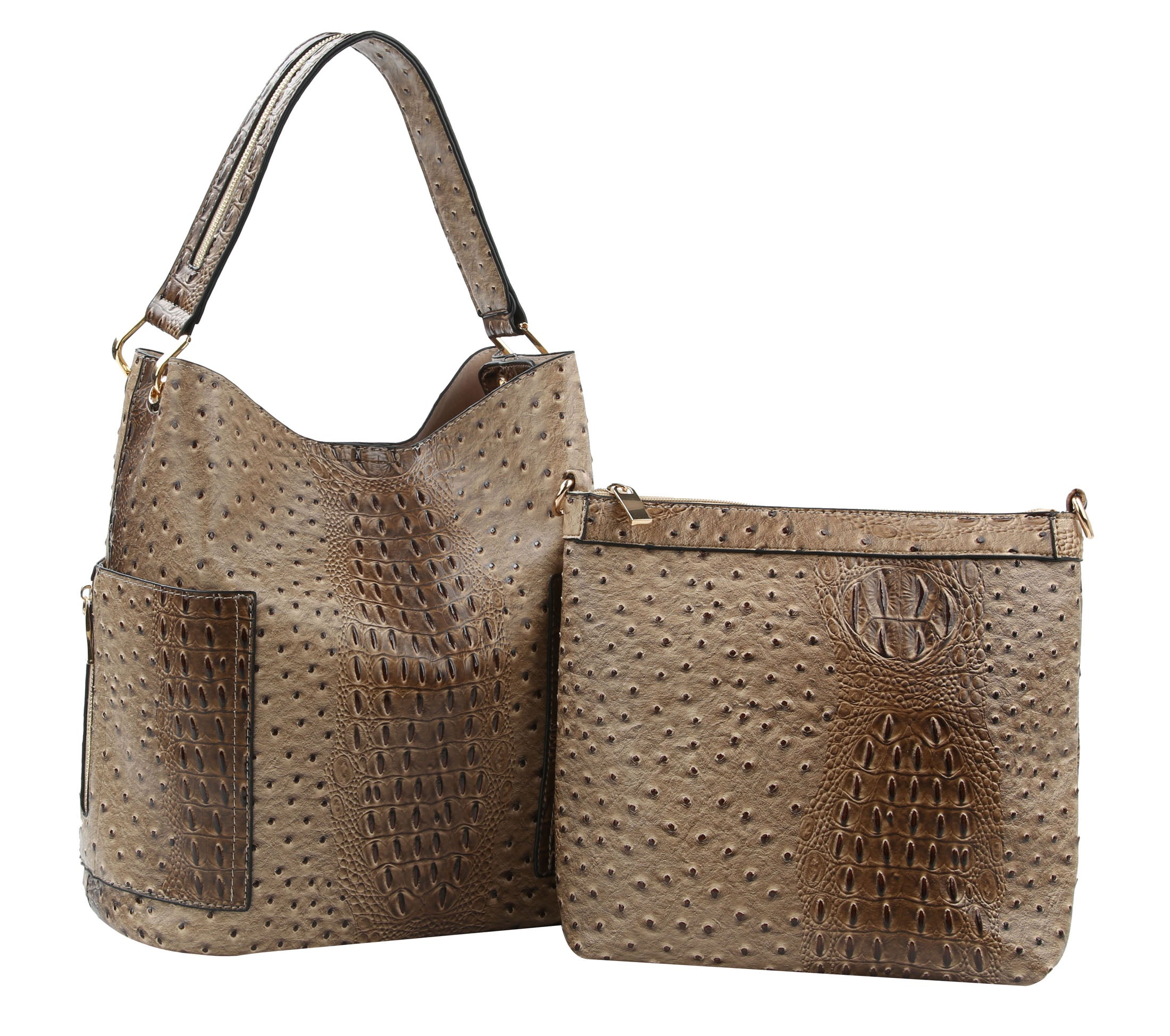 2 PC Set Ostrich Croco Embossed Vegan Faux Leather Hobo Shoulder Bag  Classic Bucket Purse with Matching Wallet