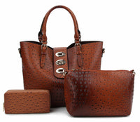 Ostrich Embossed Turn-Lock 3 in 1 Tote Wallet set