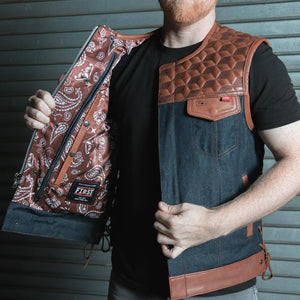 Red Label  - Men's Club Style Leather/Denim Motorcycle Vest - Limited Edition