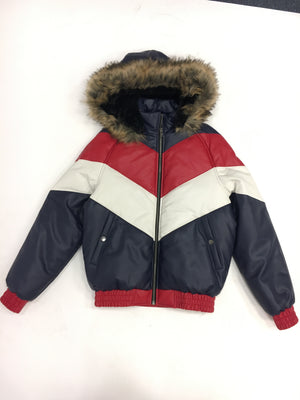 Kids Faux Leather V Bomber Jacket with Detachable Faux Fur Hood - Red,White,Blue