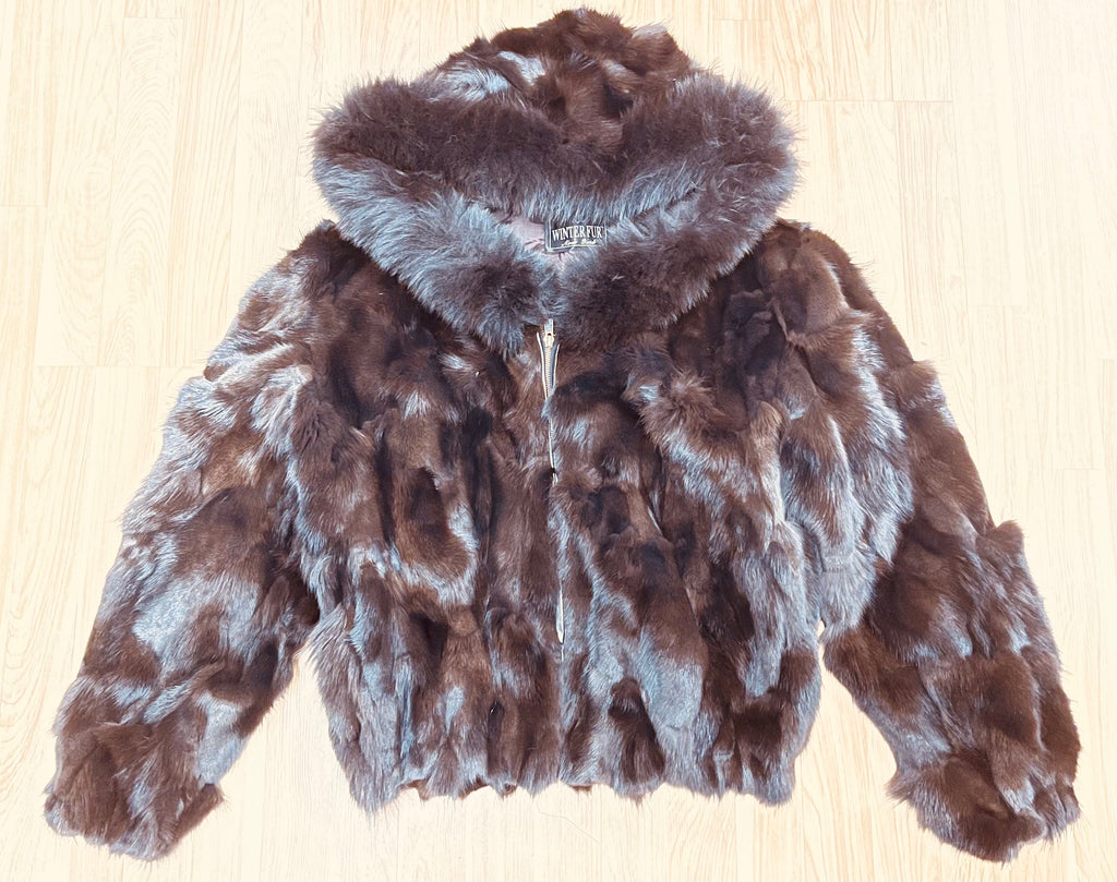 Ladies Brown Fox Fur Bomber Jacket with Hood – Black