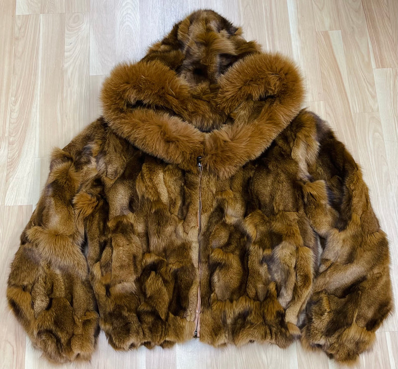 Ladies Whiskey Fox Fur Bomber Jacket with Hood – Black
