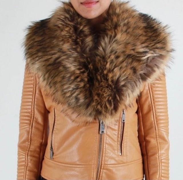 Ladies Tan Vegan Fashion Asymmetrical with Faux Fur Collar