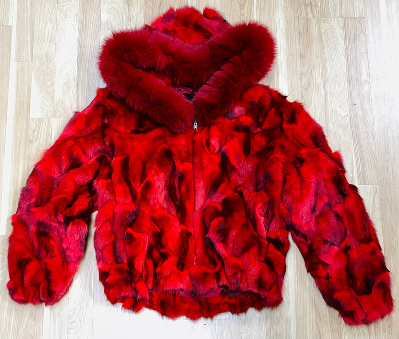 Ladies Red Fox Fur Bomber Jacket with Hood – Black