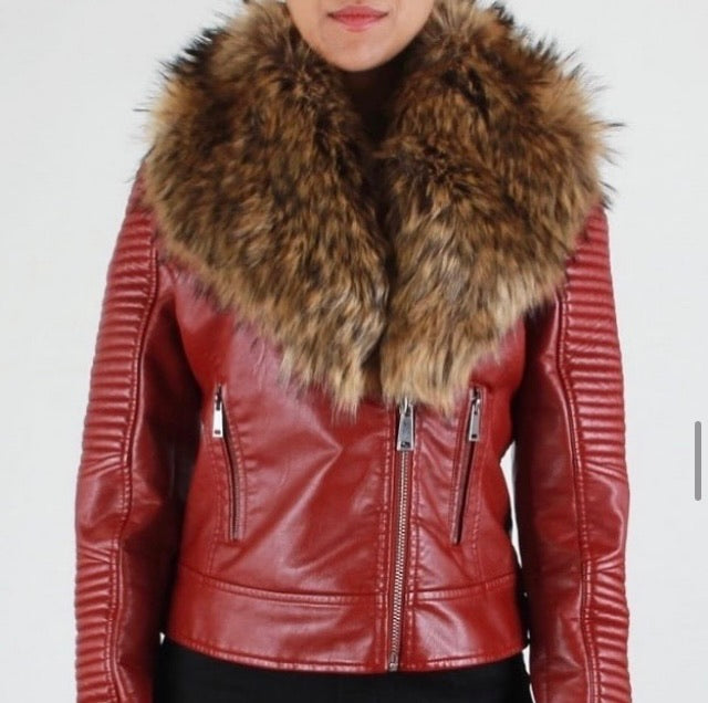 Ladies Vegan Burgundy Fashion Asymmetrical with Faux Fur Collar