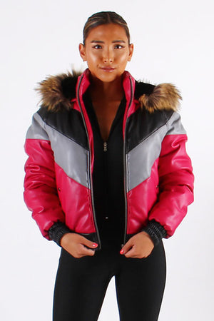 Ladies Faux Leather V Bomber Jacket with Detachable Faux Fur Hood - Red, Green, Black