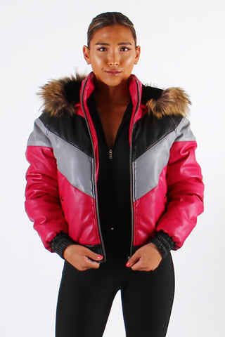 Men's Faux Leather V Bomber Jacket with Detachable Faux Fur Hood - Red – DS  Online