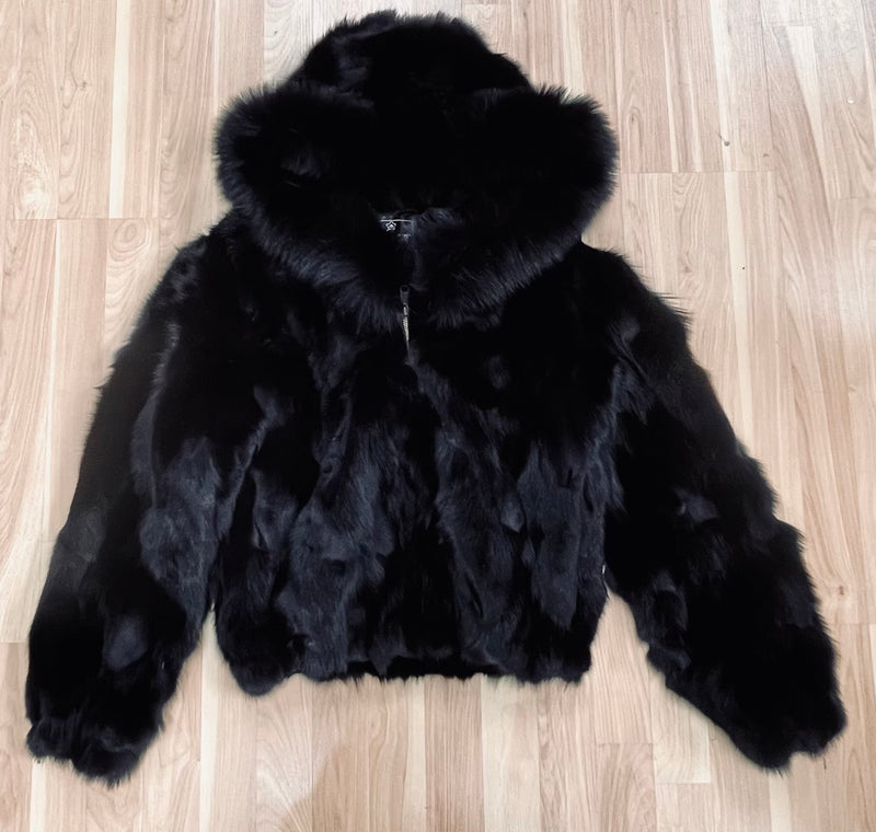 Ladies Black Fox Fur Bomber Jacket with Hood – Black